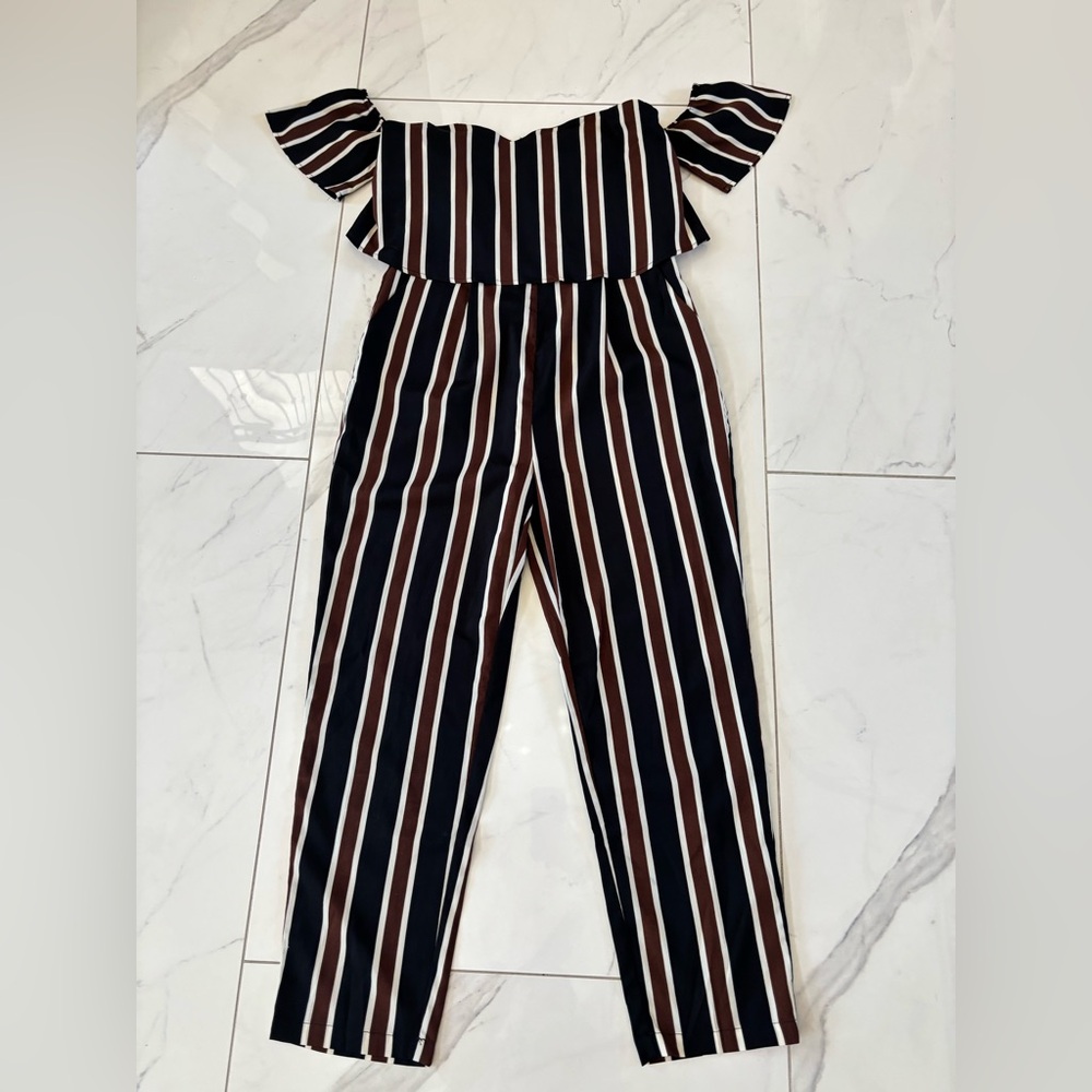 SHEIN Off-Shoulder Striped Jumpsuit in Black White & Brown - Picture 8 of 16